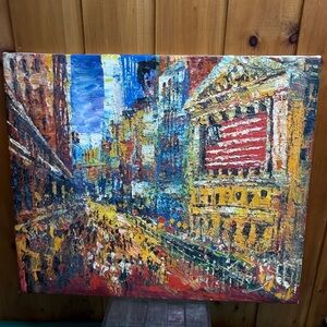 Original Pen King Signed "Wall Street" Oil Painting On Canvas American Flag NYC